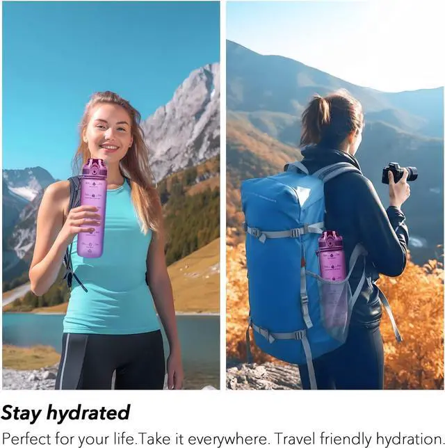 Alt view image 7 of 7 - 32oz Motivational Water Bottles with Time Marker & Fruit Strainer, Single Color Water Bottle with Times to Drink, Leakproof & BPA Free, Reusable Plastic Bottle with Strap (No Straw)