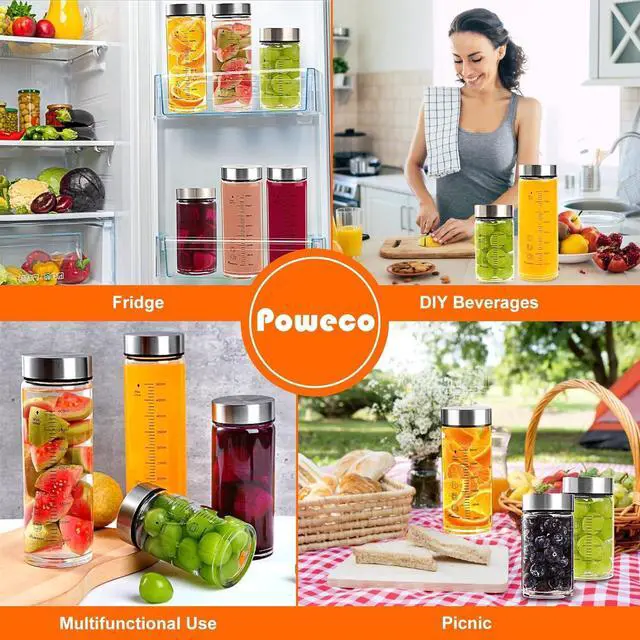 Alt view image 6 of 6 - Glass Juice Bottles 4 Pack 10 oz - Wide Mouth Glass Water Bottles with Lids - for Juicing, Protein, Smoothie, Milk, Reusable, BPA Free, Stainless Steel Lids, Blender, Shaker Bottle (10oz/300ml)