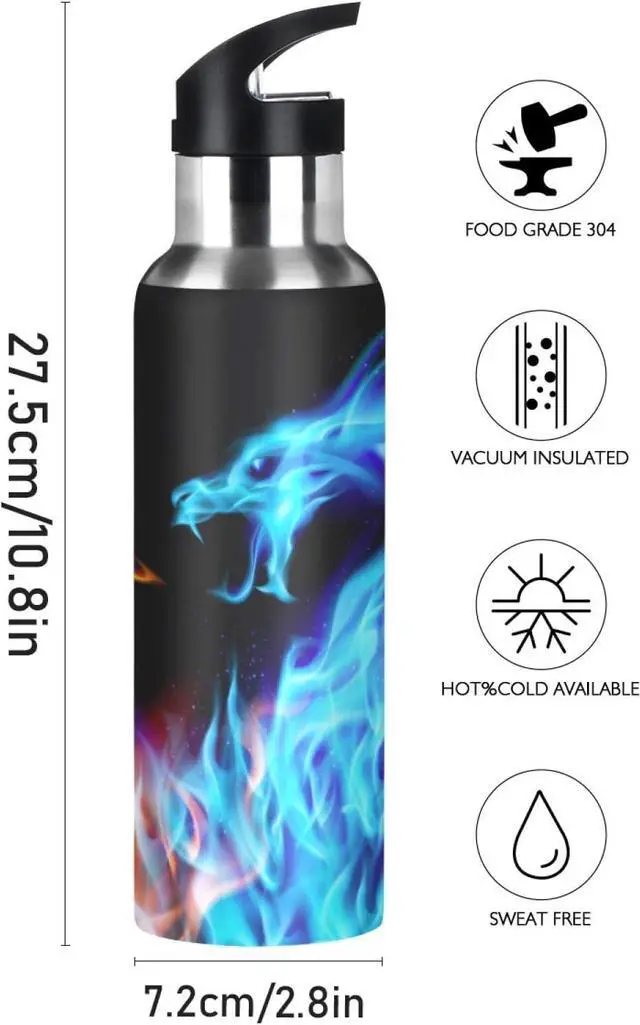 Alt view image 2 of 6 - Qilmy 3D Printing Dragon Water Bottle Vacuum Insulated Stainless Steel Water Bottles with Straw Lid Leakproof Wide Mouth Water Flask for Fitness Outdoor Sports, 22 oz