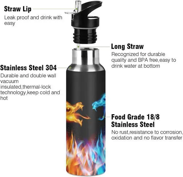 Alt view image 3 of 6 - Qilmy 3D Printing Dragon Water Bottle Vacuum Insulated Stainless Steel Water Bottles with Straw Lid Leakproof Wide Mouth Water Flask for Fitness Outdoor Sports, 22 oz
