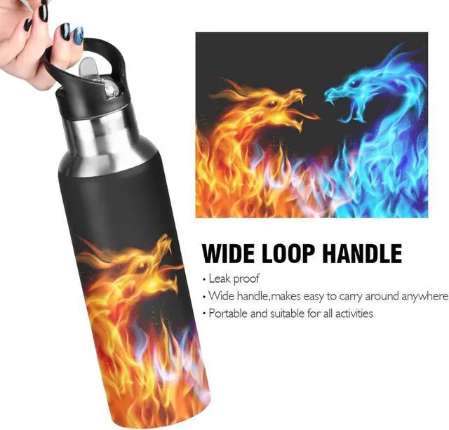 Alt view image 4 of 6 - Qilmy 3D Printing Dragon Water Bottle Vacuum Insulated Stainless Steel Water Bottles with Straw Lid Leakproof Wide Mouth Water Flask for Fitness Outdoor Sports, 22 oz