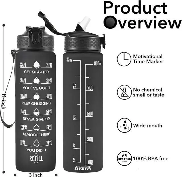 Alt view image 2 of 6 - Hyeta 32 oz Water Bottles with Times to Drink and Straw, Motivational Water Bottle with Time Marker, Leakproof, Drinking Sports Water Bottle for Fitness, Gym and Outdoor