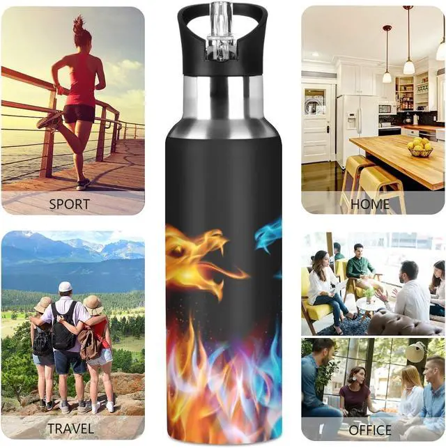 Alt view image 5 of 6 - Qilmy 3D Printing Dragon Water Bottle Vacuum Insulated Stainless Steel Water Bottles with Straw Lid Leakproof Wide Mouth Water Flask for Fitness Outdoor Sports, 22 oz