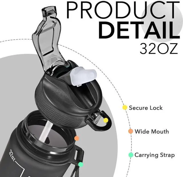 Alt view image 4 of 6 - Hyeta 32 oz Water Bottles with Times to Drink and Straw, Motivational Water Bottle with Time Marker, Leakproof, Drinking Sports Water Bottle for Fitness, Gym and Outdoor