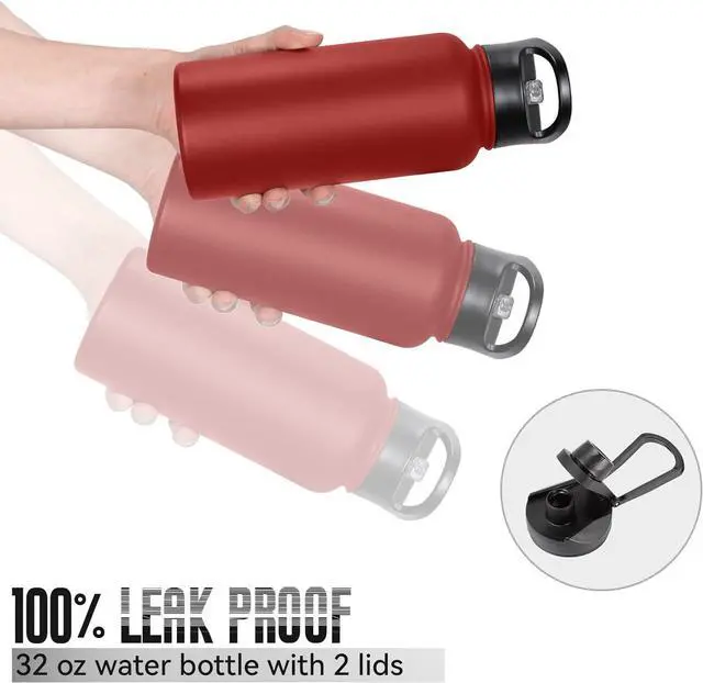 Alt view image 5 of 7 - 32 oz Insulated Water Bottle Bulk 4 Pack, Stainless Steel Sports Water Bottles with Straw Lid & Wide Mouth Lids, Double Walled Vacuum, Leak Proof, Red