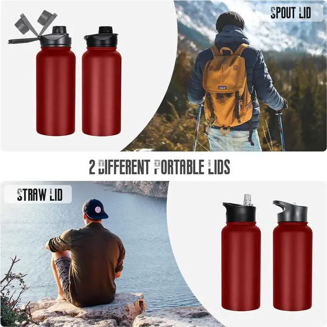 Alt view image 3 of 7 - 32 oz Insulated Water Bottle Bulk 4 Pack, Stainless Steel Sports Water Bottles with Straw Lid & Wide Mouth Lids, Double Walled Vacuum, Leak Proof, Red
