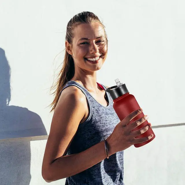 Alt view image 6 of 7 - 32 oz Insulated Water Bottle Bulk 4 Pack, Stainless Steel Sports Water Bottles with Straw Lid & Wide Mouth Lids, Double Walled Vacuum, Leak Proof, Red