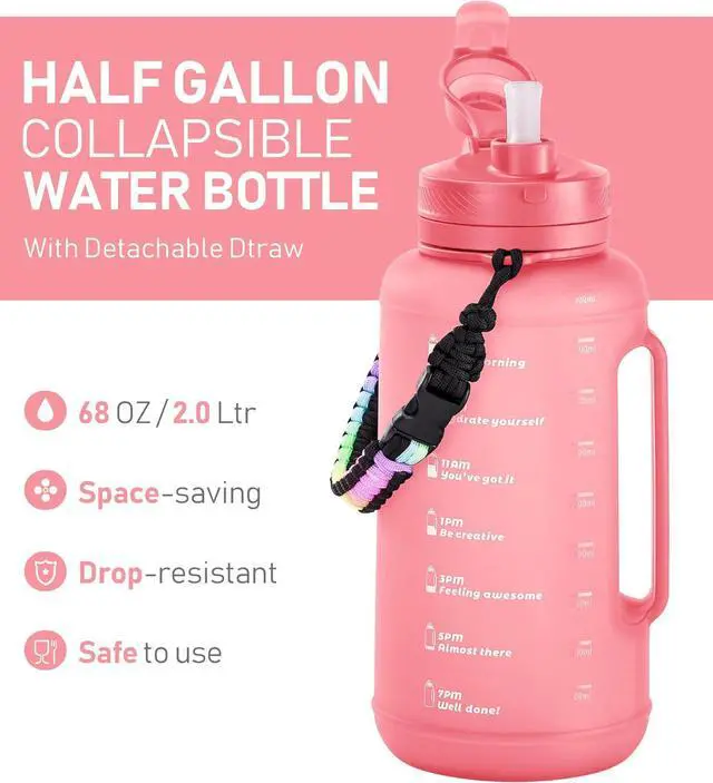 Alt view image 2 of 6 - TakeToday 68 Oz Collapsible Water Bottles With Straw, Half Gallon Water Bottle With Motivational Time Marker, Large Reusable Silicone Water Jug With Paracord Handle For Gym, Sports, Outdoors