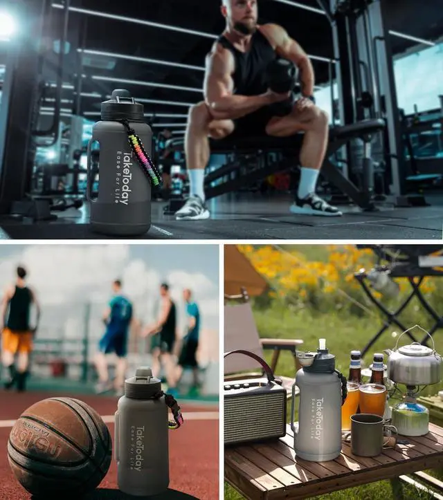 Alt view image 5 of 6 - TakeToday 68 Oz Collapsible Water Bottles With Straw, Half Gallon Water Bottle With Motivational Time Marker, Large Reusable Silicone Water Jug With Paracord Handle For Gym, Sports, Outdoors