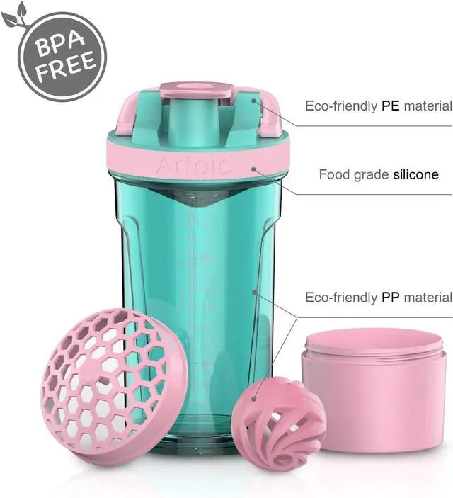 Alt view image 3 of 7 - Artoid Mode Inspirational Fitness Workout Sports Protein Shaker Bottle 24-Ounce, Dual Mixing Technology with Shaker Balls & Mixing Grids Included, Twist and Lock Protein Box Storage Included