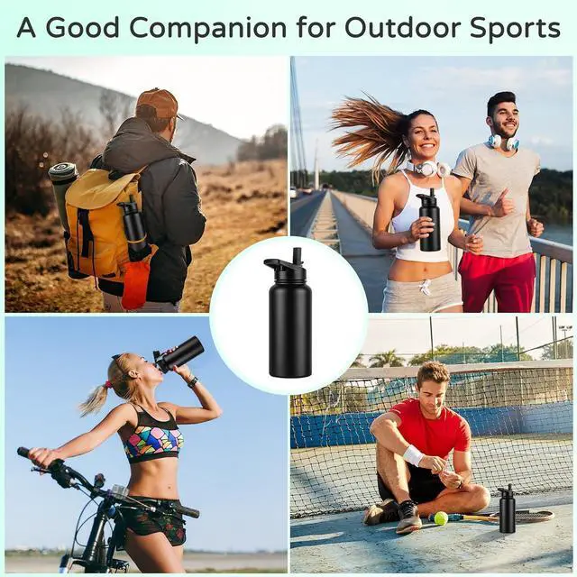 Alt view image 6 of 7 - DOMICARE 32 oz Insulated Water Bottle Bulk, Vacuum Insulated Stainless Steel Sports Water Bottle with Straw Lid & Spout Lid, Leakproof, Reusable - Travel, Camping, Bike, Black (4 Pack)