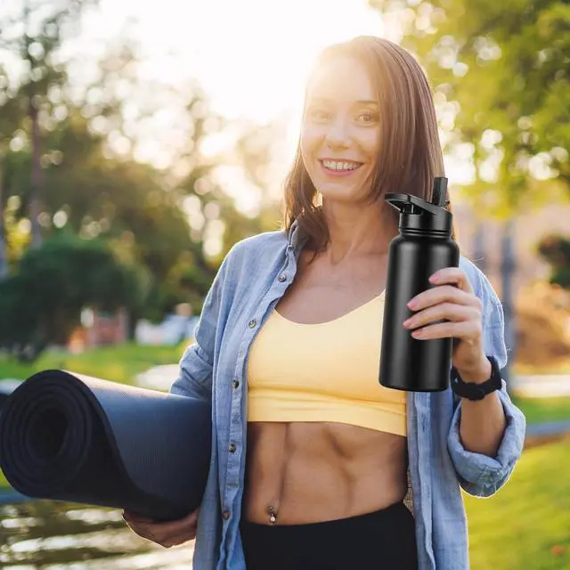 Alt view image 7 of 7 - DOMICARE 32 oz Insulated Water Bottle Bulk, Vacuum Insulated Stainless Steel Sports Water Bottle with Straw Lid & Spout Lid, Leakproof, Reusable - Travel, Camping, Bike, Black (4 Pack)