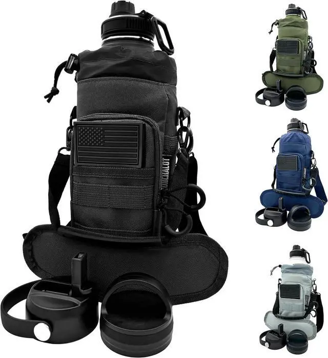 Main image of Half Gallon Water Bottle Jug - 84 Oz Insulated Stainless Steel Metal Water Jug with Holder - Carrying Bag - Spout Handle - Straw Lids - Keep Cold & Hot - Black Tactical Flask