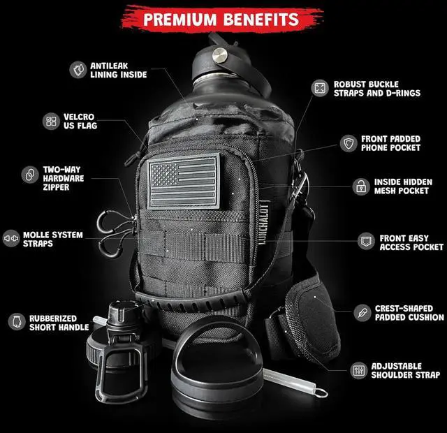 Alt view image 2 of 7 - Half Gallon Water Bottle Jug - 84 Oz Insulated Stainless Steel Metal Water Jug with Holder - Carrying Bag - Spout Handle - Straw Lids - Keep Cold & Hot - Black Tactical Flask