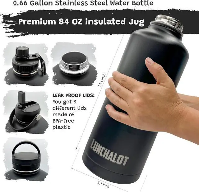 Alt view image 3 of 7 - Half Gallon Water Bottle Jug - 84 Oz Insulated Stainless Steel Metal Water Jug with Holder - Carrying Bag - Spout Handle - Straw Lids - Keep Cold & Hot - Black Tactical Flask