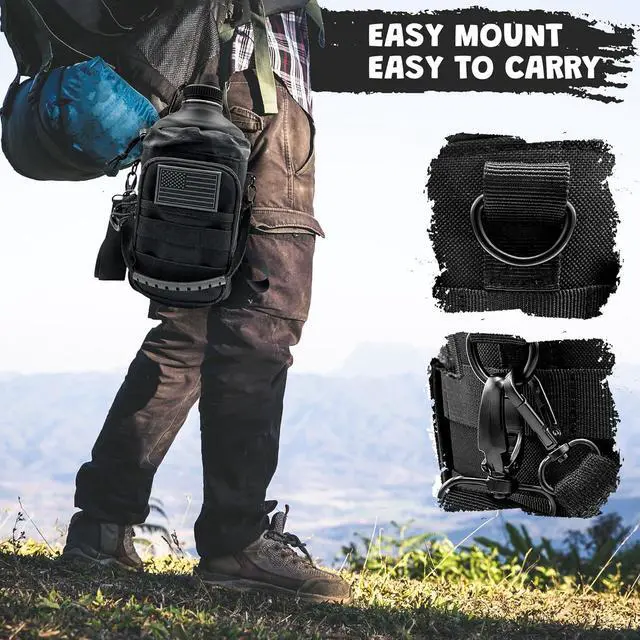 Alt view image 5 of 7 - Half Gallon Water Bottle Jug - 84 Oz Insulated Stainless Steel Metal Water Jug with Holder - Carrying Bag - Spout Handle - Straw Lids - Keep Cold & Hot - Black Tactical Flask