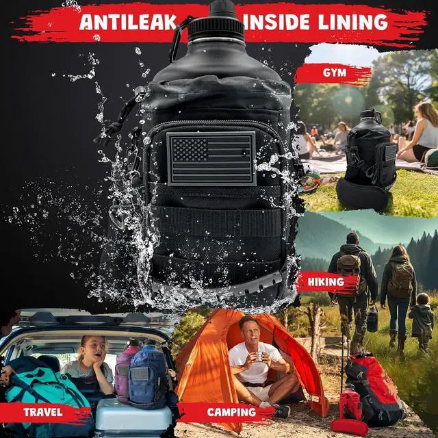 Alt view image 6 of 7 - Half Gallon Water Bottle Jug - 84 Oz Insulated Stainless Steel Metal Water Jug with Holder - Carrying Bag - Spout Handle - Straw Lids - Keep Cold & Hot - Black Tactical Flask