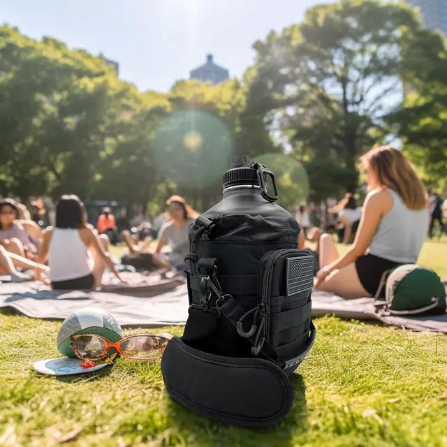 Alt view image 7 of 7 - Half Gallon Water Bottle Jug - 84 Oz Insulated Stainless Steel Metal Water Jug with Holder - Carrying Bag - Spout Handle - Straw Lids - Keep Cold & Hot - Black Tactical Flask