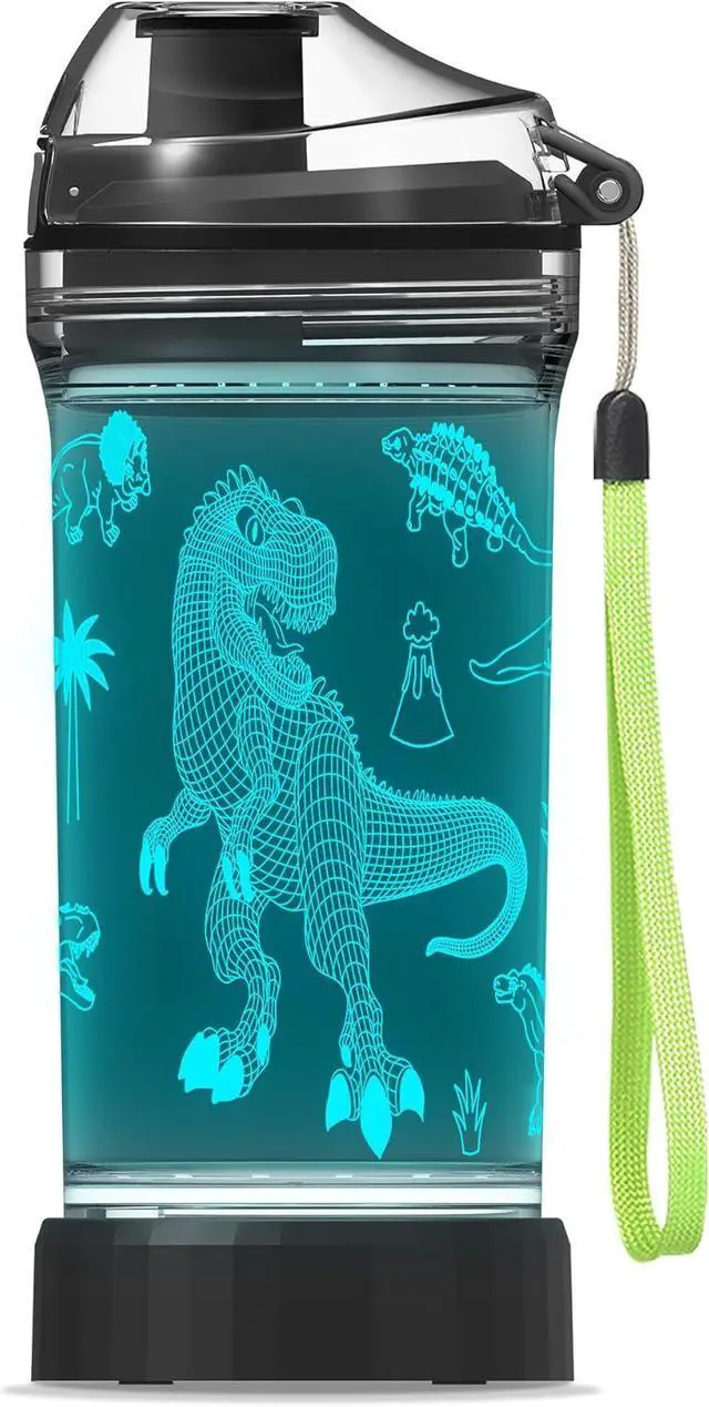 Main image of Kids Water Bottle, Dinosaur-themed Light-Up Sport Cup with 3D Glowing LED Dinosaur Light  14 OZ Tritan BPA-Free - Camping, and Holidays (Dinosaur)