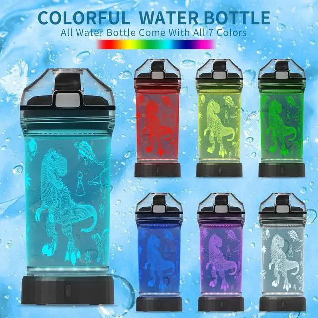 Alt view image 2 of 7 - Kids Water Bottle, Dinosaur-themed Light-Up Sport Cup with 3D Glowing LED Dinosaur Light  14 OZ Tritan BPA-Free - Camping, and Holidays (Dinosaur)