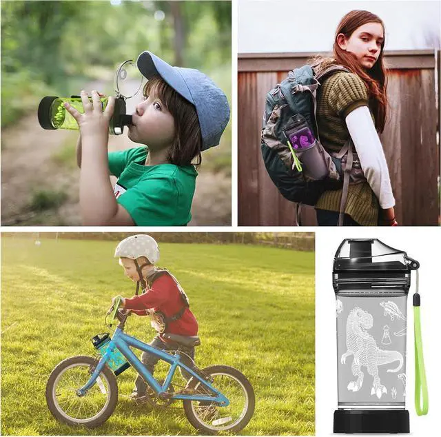 Alt view image 3 of 7 - Kids Water Bottle, Dinosaur-themed Light-Up Sport Cup with 3D Glowing LED Dinosaur Light  14 OZ Tritan BPA-Free - Camping, and Holidays (Dinosaur)