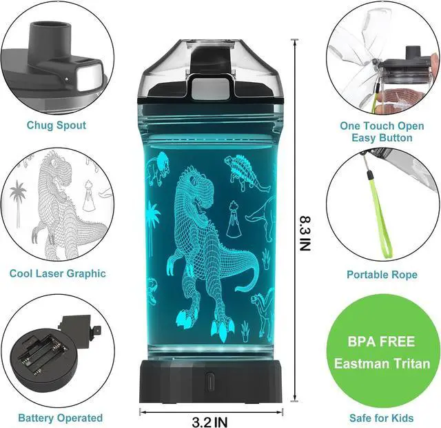 Alt view image 4 of 7 - Kids Water Bottle, Dinosaur-themed Light-Up Sport Cup with 3D Glowing LED Dinosaur Light  14 OZ Tritan BPA-Free - Camping, and Holidays (Dinosaur)