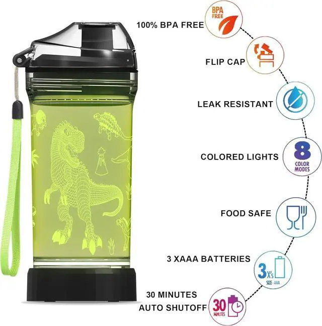Alt view image 5 of 7 - Kids Water Bottle, Dinosaur-themed Light-Up Sport Cup with 3D Glowing LED Dinosaur Light  14 OZ Tritan BPA-Free - Camping, and Holidays (Dinosaur)