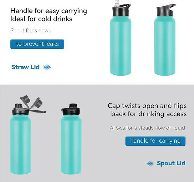 Alt view image 5 of 7 - VEGOND 40 oz Insulated Water Bottle Bulk Stainless Steel Metal Water Bottles with Leak Proof Straw Lid & Spout Lid, Wide Mouth Double Walled Vacuum Travel Sports Bottle, 4 Pack