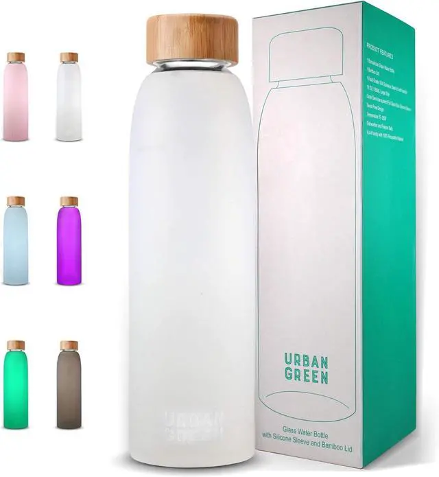 Main image of Urban Green Glass Water Bottle with Protective Silicone Sleeve and Bamboo Lid, 18oz, 1extra 304 Stainless Steel Lid with Handle, BPA Free, Dishwasher Safe, Gift Box