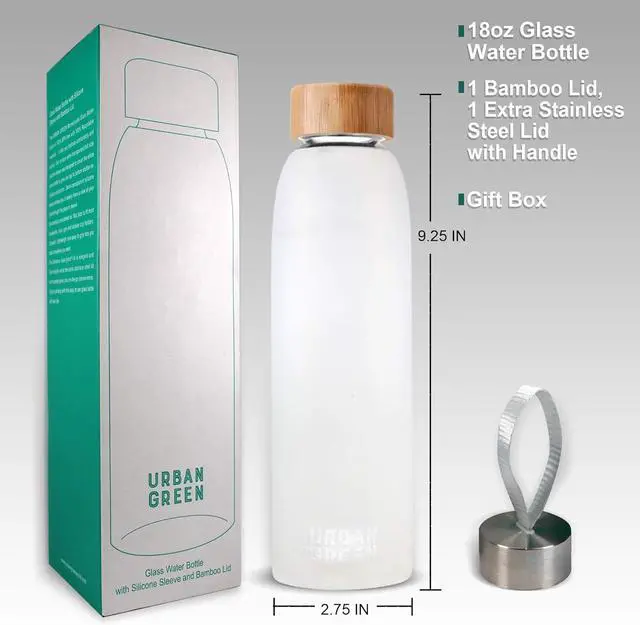 Alt view image 2 of 7 - Urban Green Glass Water Bottle with Protective Silicone Sleeve and Bamboo Lid, 18oz, 1extra 304 Stainless Steel Lid with Handle, BPA Free, Dishwasher Safe, Gift Box