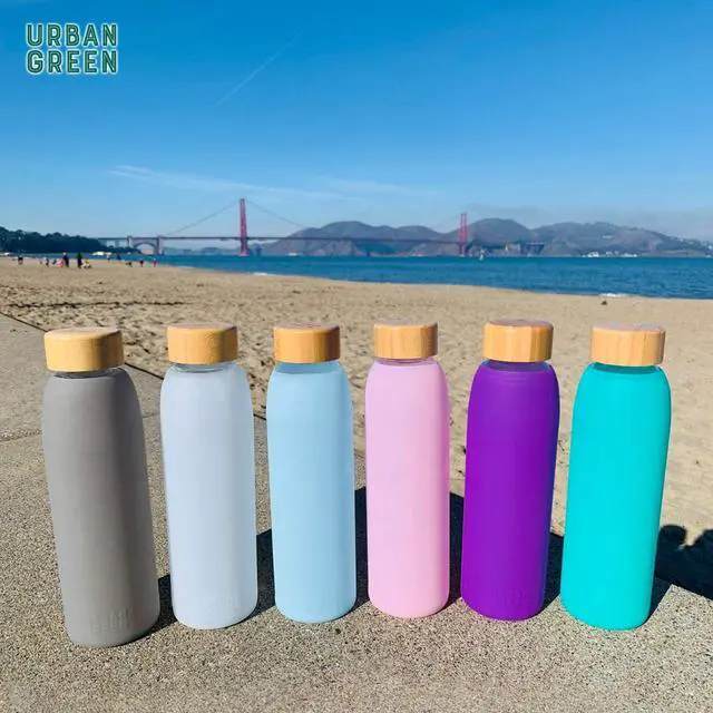 Alt view image 7 of 7 - Urban Green Glass Water Bottle with Protective Silicone Sleeve and Bamboo Lid, 18oz, 1extra 304 Stainless Steel Lid with Handle, BPA Free, Dishwasher Safe, Gift Box