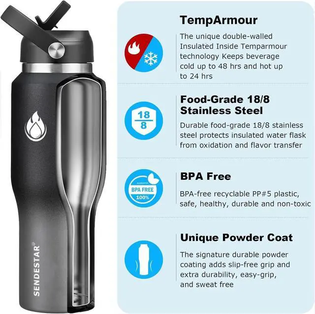 Alt view image 2 of 7 - SENDESTAR 40oz Stainless Steel Water Bottle(Cold for 48 Hrs, Hot for 24 Hrs),Double Wall Vacuum Insulated Bottle with Straw Lid, Spout Lid and Flex Cap, Fit in Any Car Cup HolderGrey-B