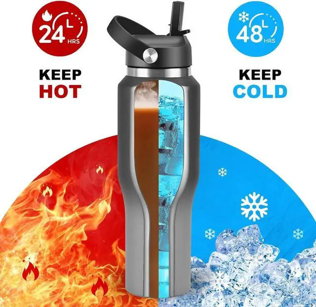 Alt view image 3 of 7 - SENDESTAR 40oz Stainless Steel Water Bottle(Cold for 48 Hrs, Hot for 24 Hrs),Double Wall Vacuum Insulated Bottle with Straw Lid, Spout Lid and Flex Cap, Fit in Any Car Cup HolderGrey-B