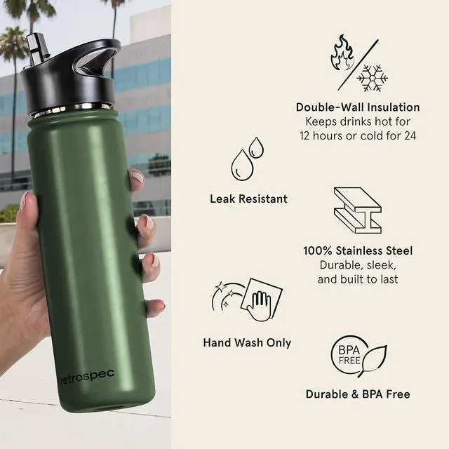 Alt view image 2 of 7 - Retrospec Alder Insulated Water Bottle with Straw Lid & Handle Cap - Stainless Steel Wide Mouth Double-Wall Vacuum Insulated Thermos - BPA Free Leakproof Canteen