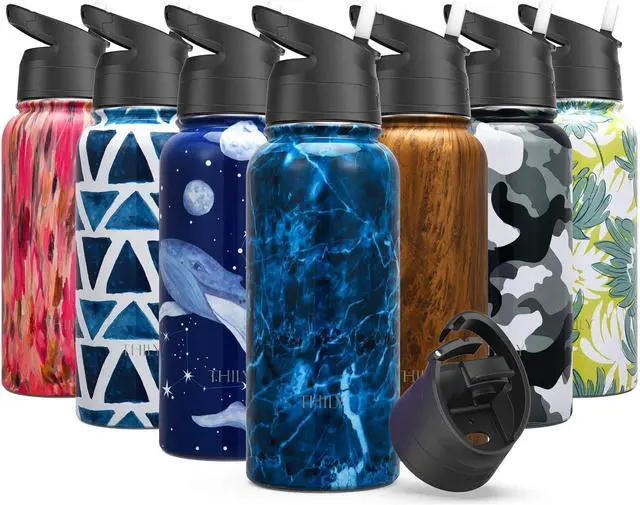 Main image of Vacuum Insulated Sports Water Bottle - THILY 32 oz Stainless Steel Leakproof Wide Mouth Metal Water Flask with Flip Lid and Straw Lid, Reusable, BPA Free, Keep Hot 12 Hours Cold 36 Hours, Abysmal Sea