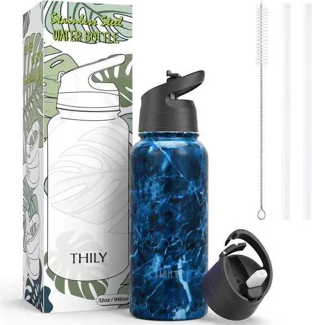 Alt view image 5 of 5 - Vacuum Insulated Sports Water Bottle - THILY 32 oz Stainless Steel Leakproof Wide Mouth Metal Water Flask with Flip Lid and Straw Lid, Reusable, BPA Free, Keep Hot 12 Hours Cold 36 Hours, Abysmal Sea