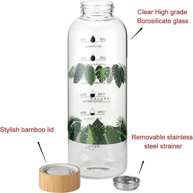 Alt view image 3 of 7 - Glass Water Bottle 64 Oz with Time Markers, Wide Mouth Bamboo Lid, Neoprene Sleeve, Bpa Free, Leakproof, Reusable