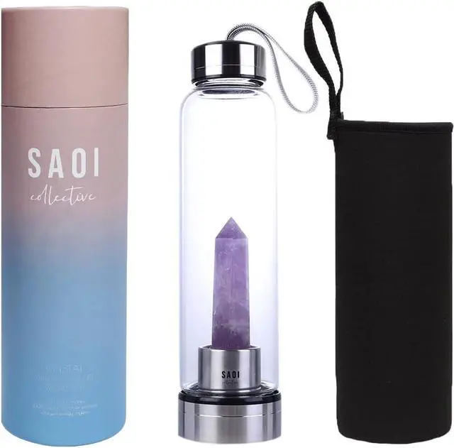 Main image of SAOI Crystal Water Bottle - Amethyst - Natural Wellness Healing - Glass/Stainless Steel