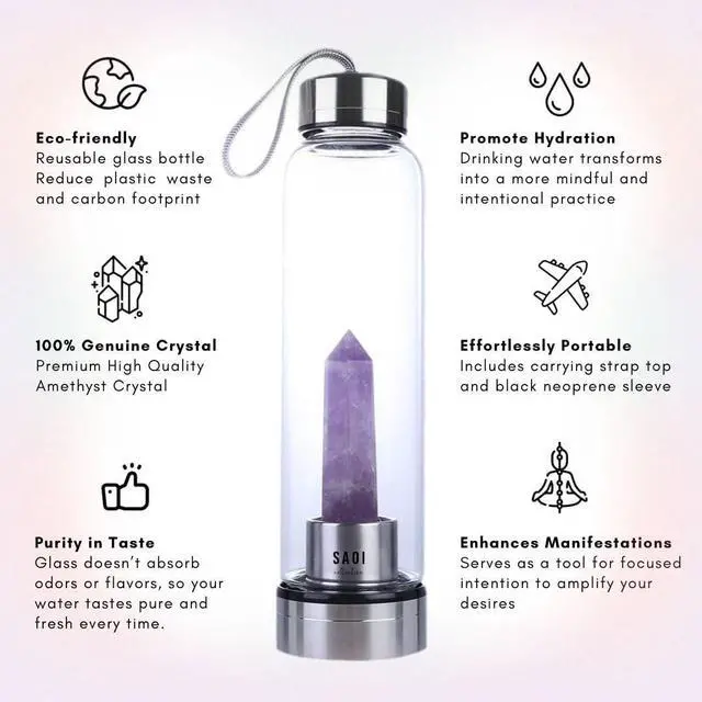 Alt view image 2 of 6 - SAOI Crystal Water Bottle - Amethyst - Natural Wellness Healing - Glass/Stainless Steel