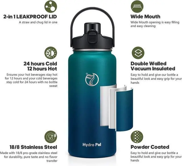 Alt view image 3 of 7 - 64oz Half Gallon Insulated Water Bottle with 2-in-1 Lid (Chug & Straw) Double Walled Vacuum Stainless Steel Water Bottles Wide Mouth Leakproof Insulated Jug with Straw