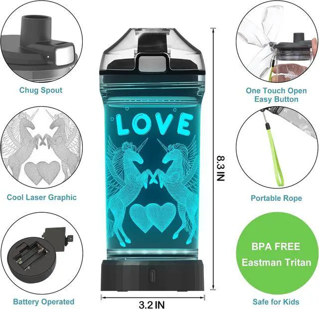 Alt view image 7 of 7 - Lightzz Kids Water Bottle with 3D Glowing Unicorn LED Light - Tritan BPA Free - Creative Ideal Travel Cup Fairy Gift for Back to School Girl Child Holiday Camping Picnic (Unicorn 14 Oz)