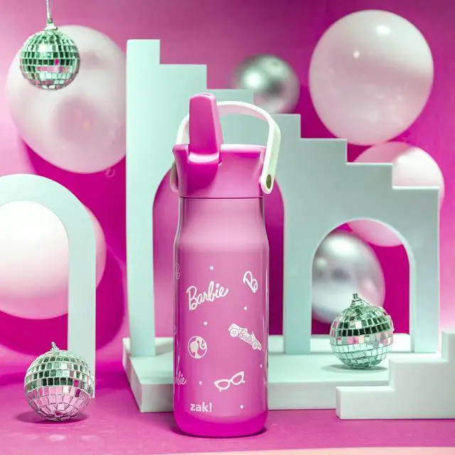 Alt view image 3 of 7 - Zak Designs Barbie Harmony Water Bottle for Travel or At Home, 20oz Stainless Steel is Leak-Proof When Closed and Vacuum Insulated with Straw Lid and Carry Handle (Pink)