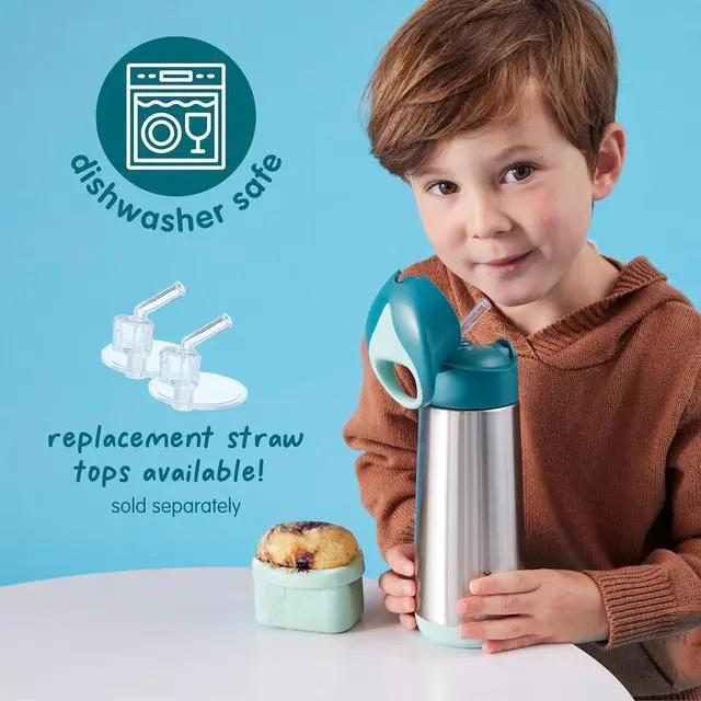 Alt view image 5 of 7 - b.box 12 oz Insulated Water Bottle - Keeps Drinks Cold 8 Hours, Warm 6 Hours, Triple Wall Stainless Steel Kids Water Bottle w/Free Flow Silicone Straw, Leakproof & Dishwasher Safe