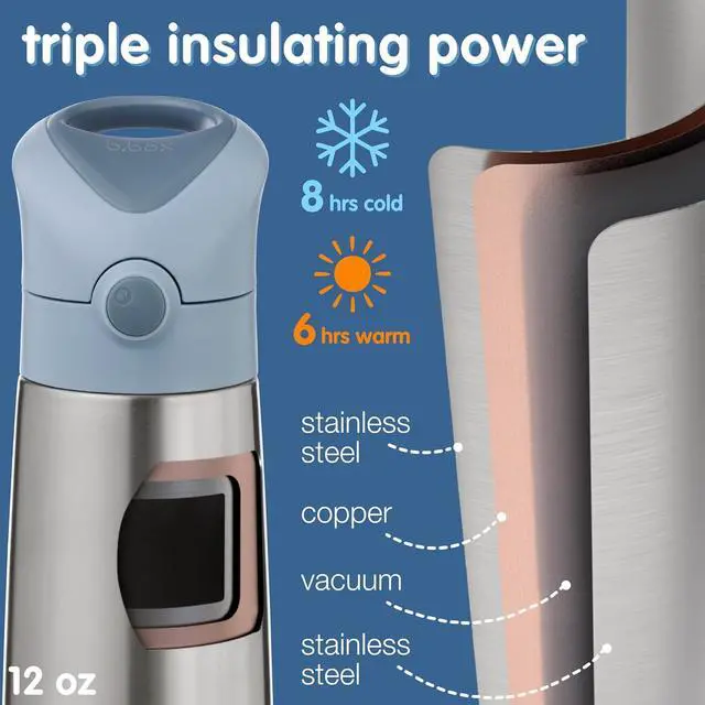 Alt view image 4 of 7 - b.box 12 oz Insulated Water Bottle - Keeps Drinks Cold 8 Hours, Warm 6 Hours, Triple Wall Stainless Steel Kids Water Bottle w/Free Flow Silicone Straw, Leakproof & Dishwasher Safe