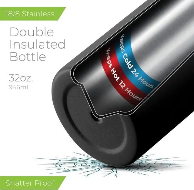 Alt view image 3 of 7 - SipX Triple-Insulated Stainless Steel Water Bottle - 32oz. With Cover Lid, BPA-Free Reusable Insulated Water Bottle Keeps Cold For 24 Hours, (Black)