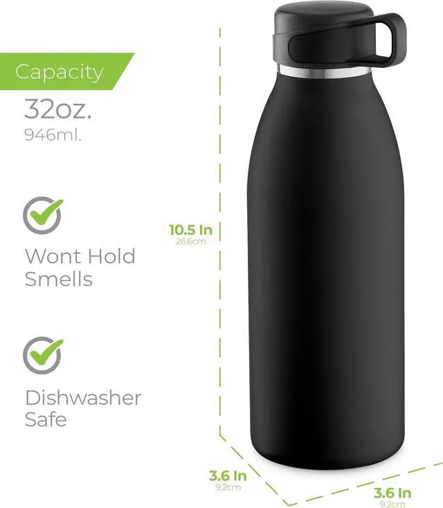 Alt view image 7 of 7 - SipX Triple-Insulated Stainless Steel Water Bottle - 32oz. With Cover Lid, BPA-Free Reusable Insulated Water Bottle Keeps Cold For 24 Hours, (Black)