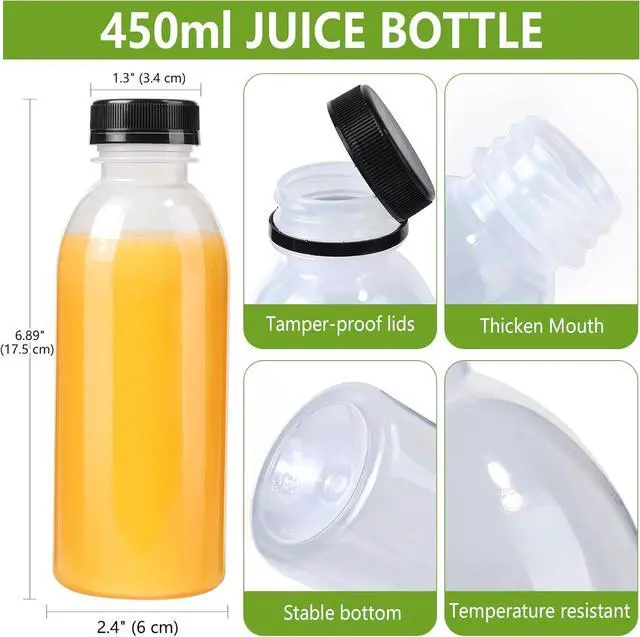 Alt view image 2 of 6 - 12 Pack 15oz(450ml) PP Heat-Resistant Plastic Juice Bottles With Caps-Plastic Smoothie Bottles-Reusable Bulk Beverage Containers with Lids For Juice, Beverage(Dishwasher Safe)
