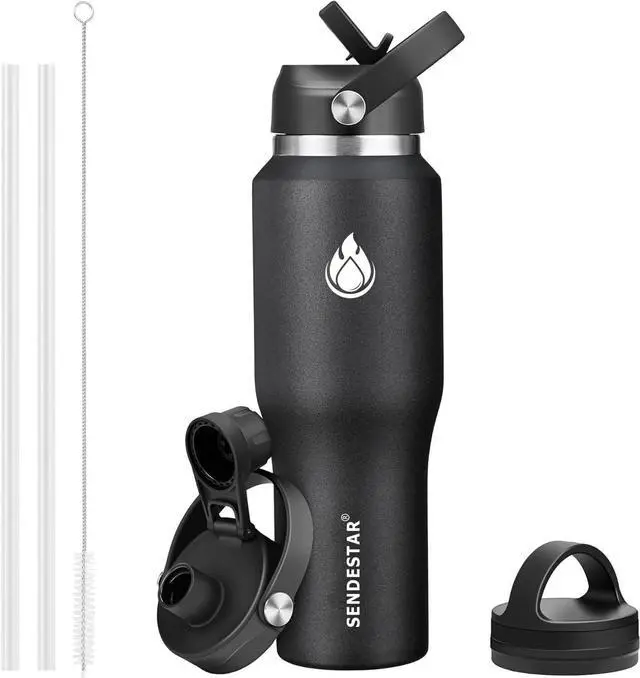 Main image of SENDESTAR 40oz Stainless Steel Water Bottle(Cold for 48 Hrs, Hot for 24 Hrs),Double Wall Vacuum Insulated Bottle with Straw Lid, Spout Lid and Flex Cap, Fit in Any Car Cup Holder,Black