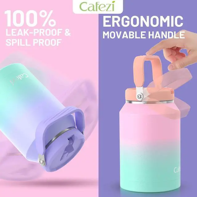 Alt view image 2 of 7 - 64 oz Insulated Water Bottle, Stainless Steel Water Bottles with Flip Straw and Top Handle, Leak Proof, No Sweat, Iced for 34 Hours, Vacuum Insulated Water Jug for Home, Office, Hiking, Car