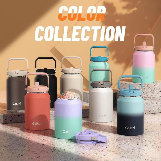 Alt view image 7 of 7 - 64 oz Insulated Water Bottle, Stainless Steel Water Bottles with Flip Straw and Top Handle, Leak Proof, No Sweat, Iced for 34 Hours, Vacuum Insulated Water Jug for Home, Office, Hiking, Car